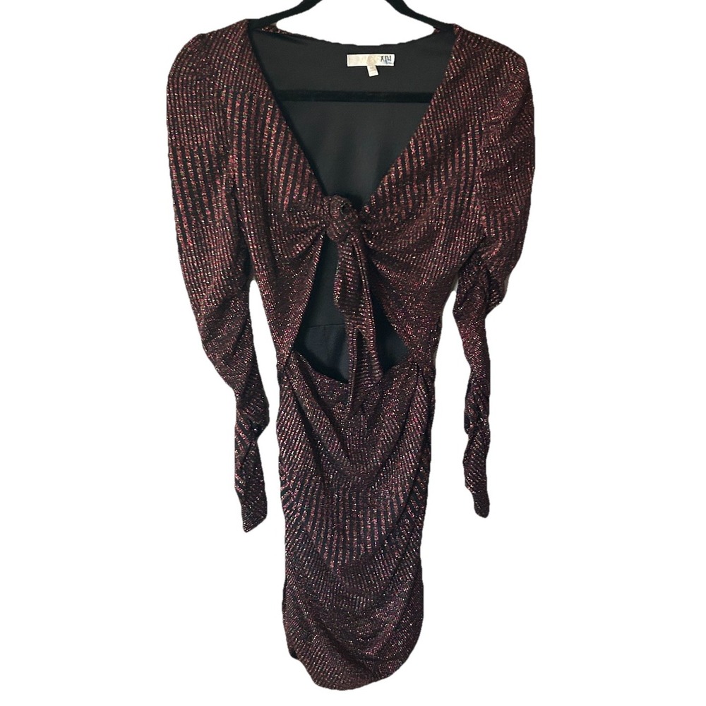 WAYF Ruched Minidress Women's Size Xs Black Metallic V-Neck Holiday Club Wear